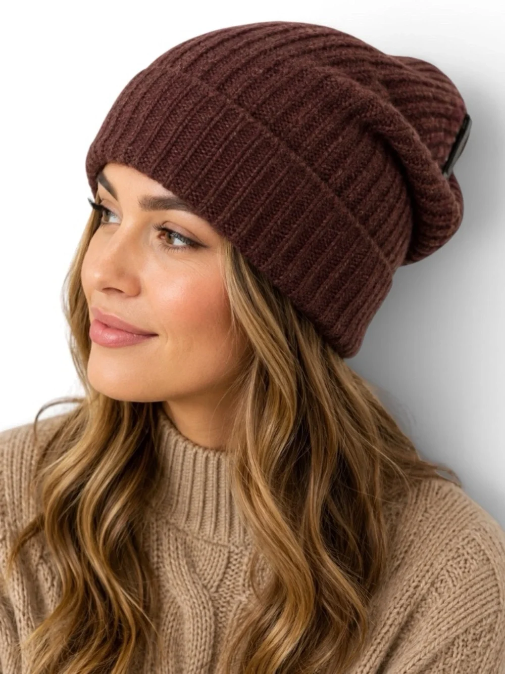 Nordstrom Rack 100% Cashmere Ribbed Slouchy Beanie Hat Brown Heather NWOT